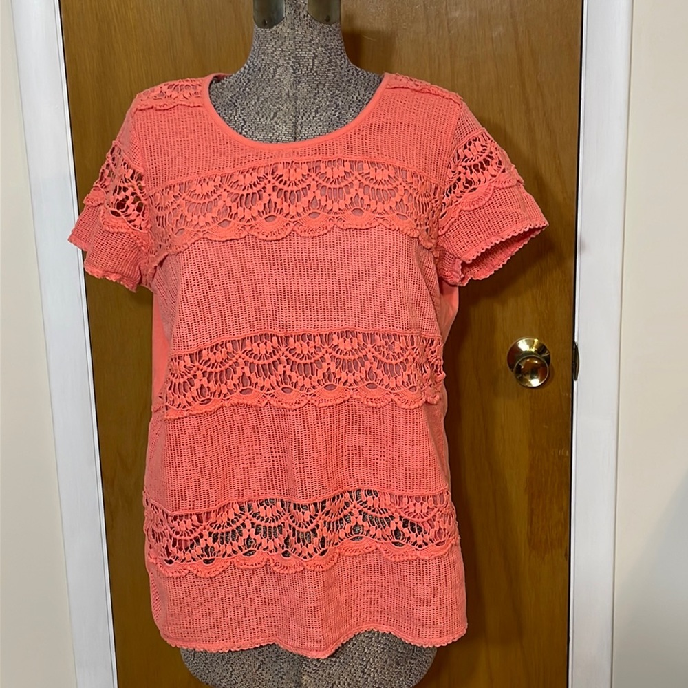 Kim Rodgers Womens XL Coral Short Sleeve Knit Overlay Blouse